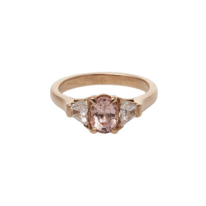 18ct Rose Gold Peach Sapphire and Diamond Three Stone Ring