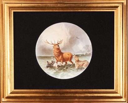 An Early Framed Worcester Stag Plaque