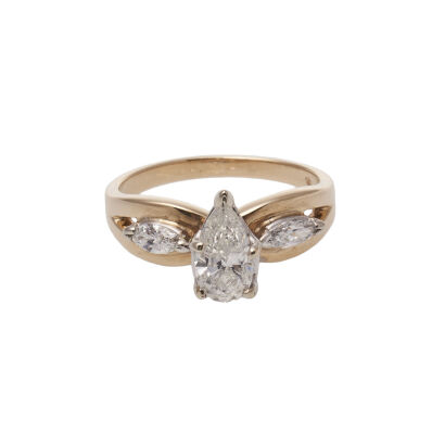 14ct Marquise Diamond Solitaire and Shoulder Ring