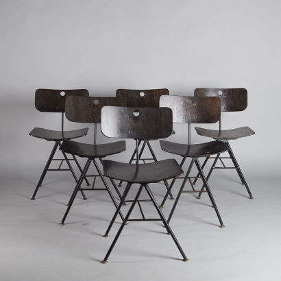 A Set of Six French Industrial Oak Ply and Metal Chairs