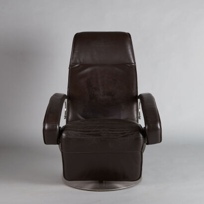 A Chocolate Brown Leather Swivel Base Recliner