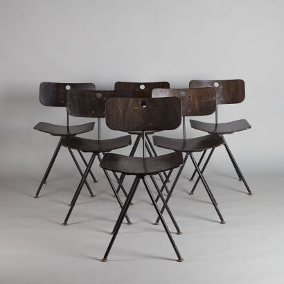 A Set of Six French Industrial Oak Ply and Metal Chairs