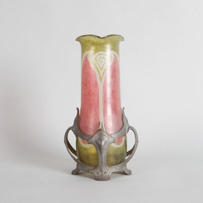 A Loetz Art Nouveau Iridescent Glass Vase in a Pewter Mount