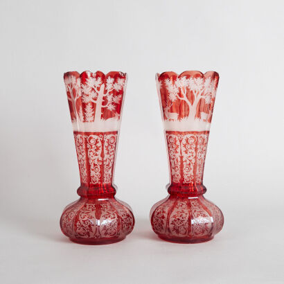 A Pair of Bohemian Ruby Glass Cameo Vases