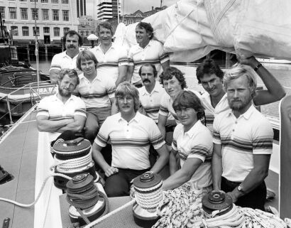 PHOTOGRAPHER UNKNOWN Peter Blake and the Ceramco New Zealand crew for the Round the World race campaign