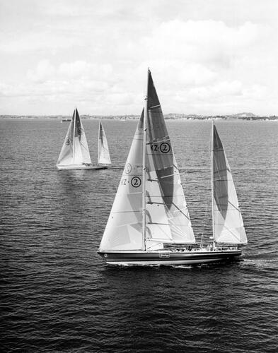 PHOTOGRAPHER UNKNOWN Steinlager Two and Fisher and Paykel test their sails on Auckland's Waitemata Harbour