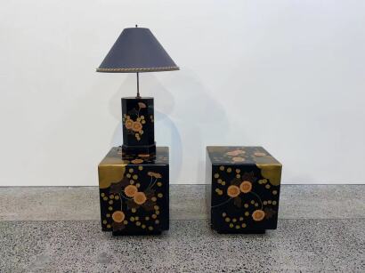 A Pair of Japanese Gilt-Decorated Black Lacquered Plinths and a Lamp