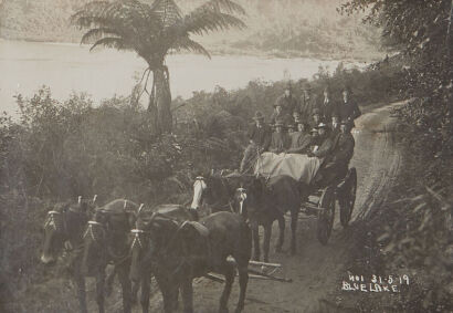 PHOTOGRAPHER UNKNOWN Horses with Carriages Carrying Passengers, Blue Lake, Rotorua