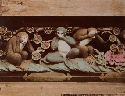 PHOTOGRAPHER UNKNOWN Three Monkeys on Stable Shinto Temple