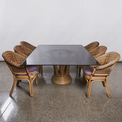 A Cane and Glass Top Six Piece Dining Suite