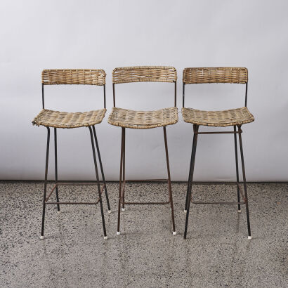 A Set of Three High Back Rattan Bar Stools