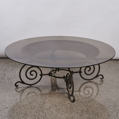 A Cane and Wrought Iron Glass Top Coffee Table