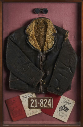 A 1940s Bomber Jacket Turned Motorcycle Jacket and Ephemera Wall Hanging