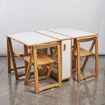 A Rolling Fold Up Drop Leaf Table with Four Folding Chairs