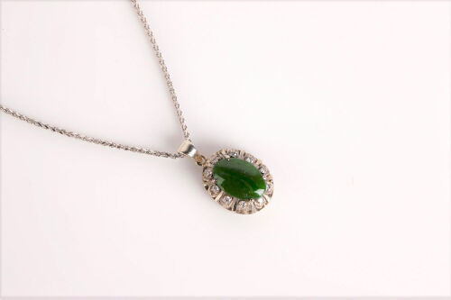 9ct White Gold Jadeite and Diamond Cluster Pendant