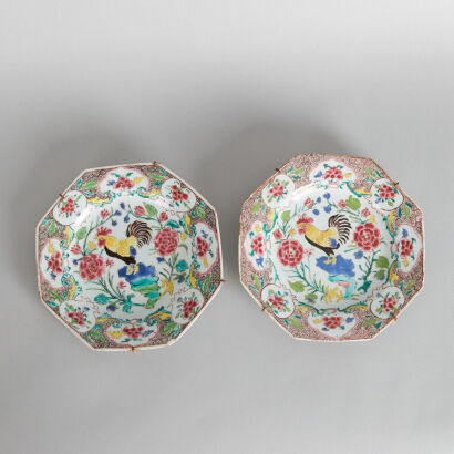 A Pair of 18th Century Chinese Export Famille Rose 'Rooster' Octagonal Saucers with wire hanger