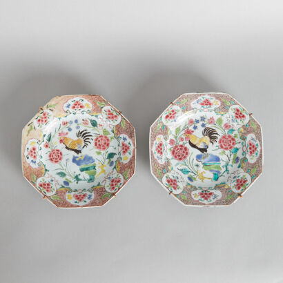 A Pair of 18th Century Chinese Export Famille Rose 'Rooster' Octagonal Saucers with wire hanger