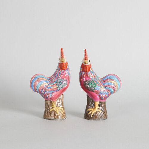 A Pair of Chinese Famille Rose Cockerels (Republic Period, China Mark)