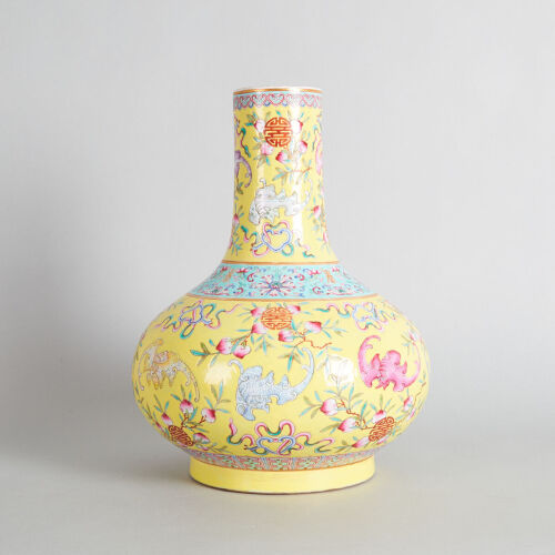 A Chinese Yellow-Ground Famille Jaune 'Bats and Peach' Hu Vase (Da Qing Guangxu Nian Zhi Mark, drilled)