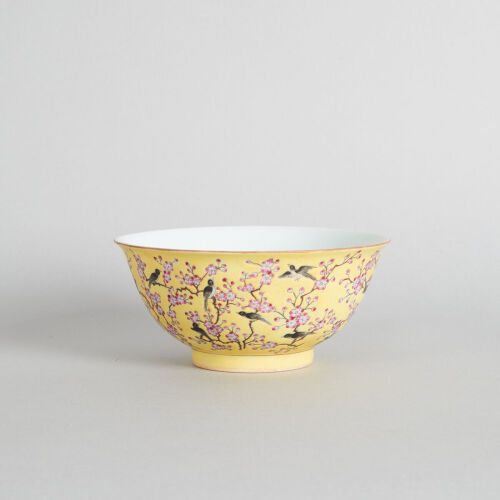 A Chinese Yellow-Ground Famille Rose 'Magpie and Prunus' Bowl (Da Qing Guangxu Nian Zhi Mark)