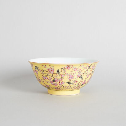 A Chinese Yellow-Ground Famille Rose 'Magpie and Prunus' Bowl (Da Qing Guangxu Nian Zhi Mark)