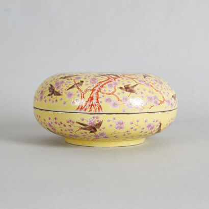 A Chinese Yellow-Ground 'Magpie and Prunus' Box and Cover (Tongzhi Nian Zhi Mark)