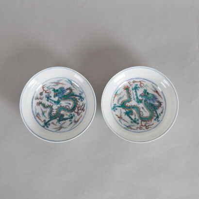 A Pair of 18th Century Chinese Doucai 'Dragon' Saucers