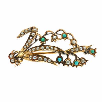 An Edwardian Seed Pearl and Turquoise Spray Brooch