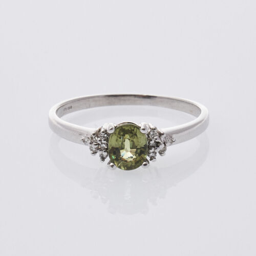 9ct White Gold Oval Green Stone and Diamond Ring