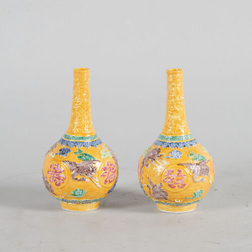 A Pair of Carved Chinese Yellow-Ground Famille Verte Bottle Vases with Crane Pattern (Da Qing Qianlong Nian Zhi Mark)