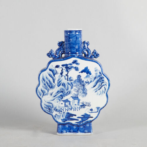A Chinese Blue and White 'Landscape' Flat Bottle Vase with Two Handles (Da Qing Yongzheng Nian Zhi Mark)