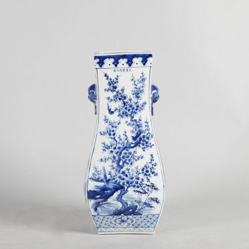 A Chinese Blue and White 'Landscape' Quadrangular Vase with Two Handles (Da QIng Kangxi Nian Zhi Mark)