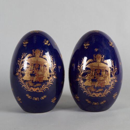 A Pair of Chinese Blue-Glazed Gilt-Decorated 'FIgural' Egg-Shaped Ornaments