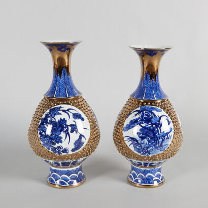 A Pair of Chinese Blue and White Gilt-Decorated ‘Floral and Bird’ Vases (Jingdezhen Zhi Mark)