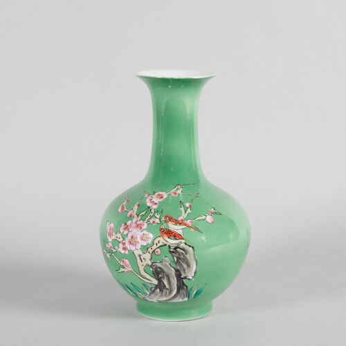 A Chinese Green-Ground Famille Rose ‘Floral and Bird’ Vase (Qianlong Nian Zhi Mark)