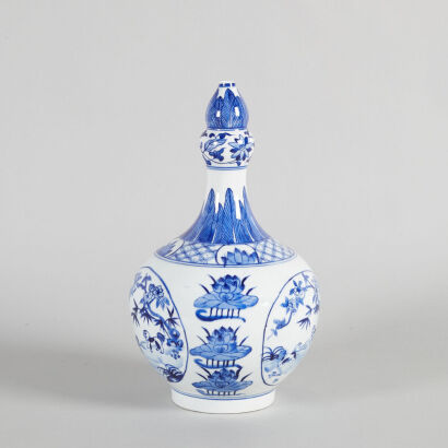 A Chinese Blue and White Garlic-Mouth Vase Decorated with Floral Prints and Stylised Mythical Beasts (Jingdezhen Zhi Mark)