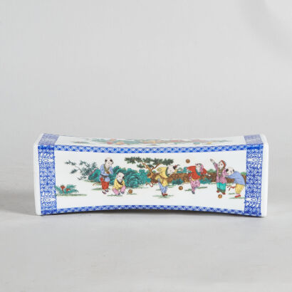 A Chinese Underglaze-Blue Famille Rose Rectangular Pillow Decorated with Feature Scenes of Young Boys at Play