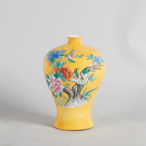 A Chinese Yellow-Ground Famille Rose ‘Floral and Bird’ Vase (Meiping), (Qianlong Nian Zhi Mark)