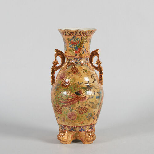 A Chinese Gilt-Decorated Two-Handled Vase with Peony and Phoenix