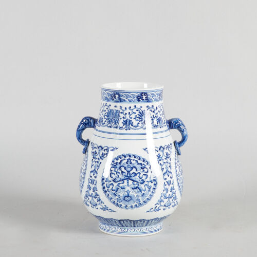 A Chinese Blue and White Two-Handled 'Fish' Vase (Da Qing Qianlong Nian Zhi Mark)