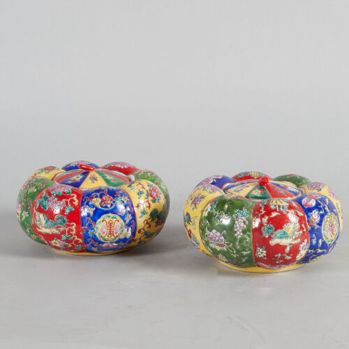 A Pair of Chinese Famille Rose 'Floral' Lidded Jars in the shape of Pumpkin (Qianlong Nian Zhi Mark)