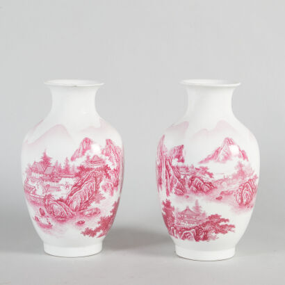 A Pair of Chinese Pink-glazed 'Landscape' Vases (Jingdezhen Zhi Mark)