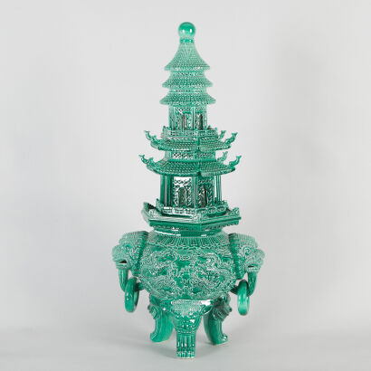 A Chinese Green-Glazed Handled Tripod Incense Burner with Dragon Pattern