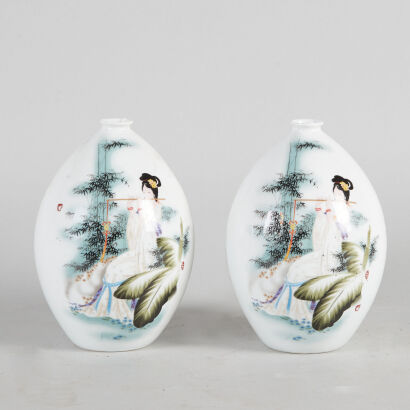 A Pair of Chinese 'Figural and Bamboo' Vases (Jingdezhen Zhi Mark)