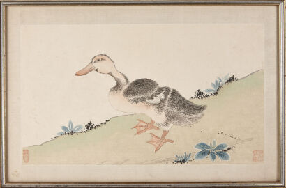 A 19th Century Chinese Painting Depicting Ducks Playing On Water