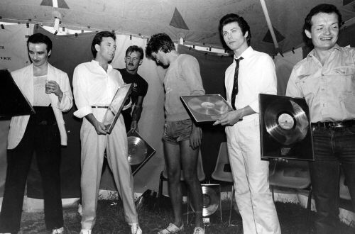 Ultravox receiving gold discs before their performance at Sweetwaters Music Festival, Pukekawa