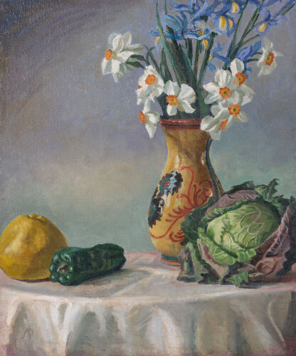 CHRISTOPHER PERKINS Still Life with Vase of Flowers, Cabbage and Green Pepper