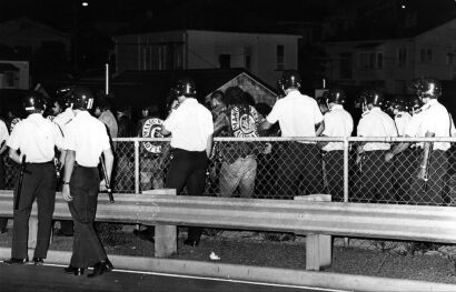 Police removing Black Power members outside the ZZ Top concert in Auckland