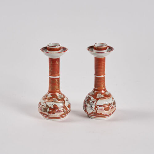 A Pair of Japanese Late Meiji Period Kutani 'Figural' Candlesticks