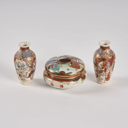 A Pair of Japanese Satsuma Small Bottles and a Kutani 'Figural' Incense Burner